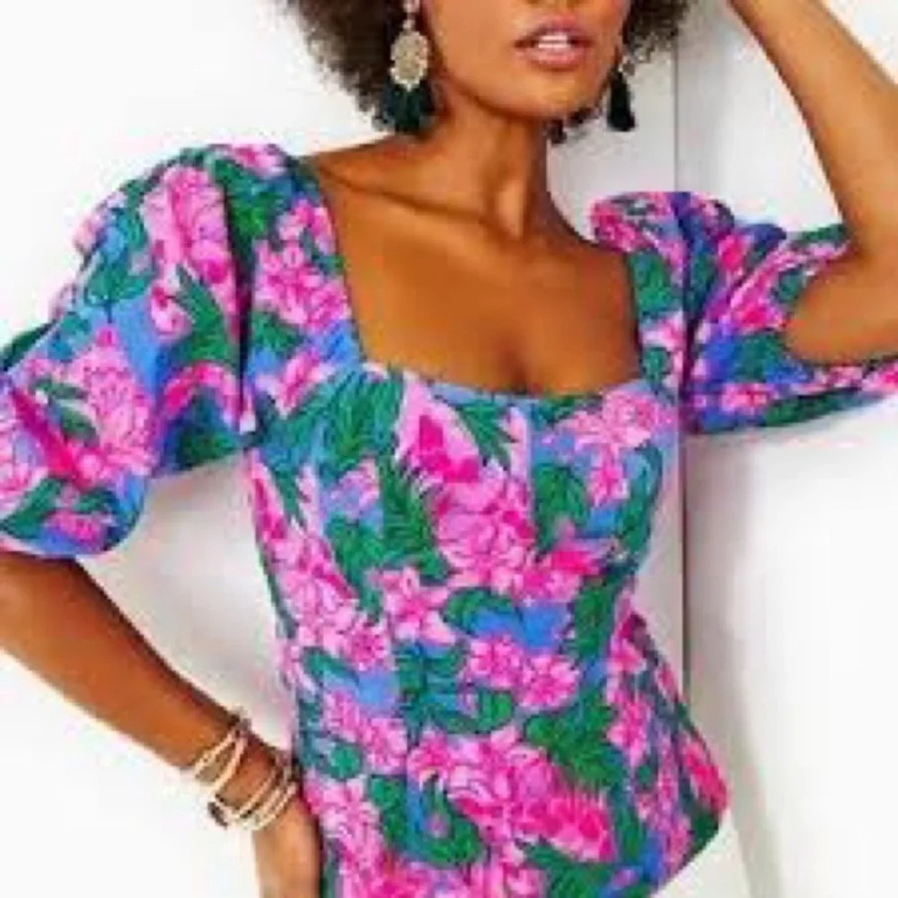 Lilly Pulitzer Pink & Green Floral Puff-Sleeve Square-Neck Blouse